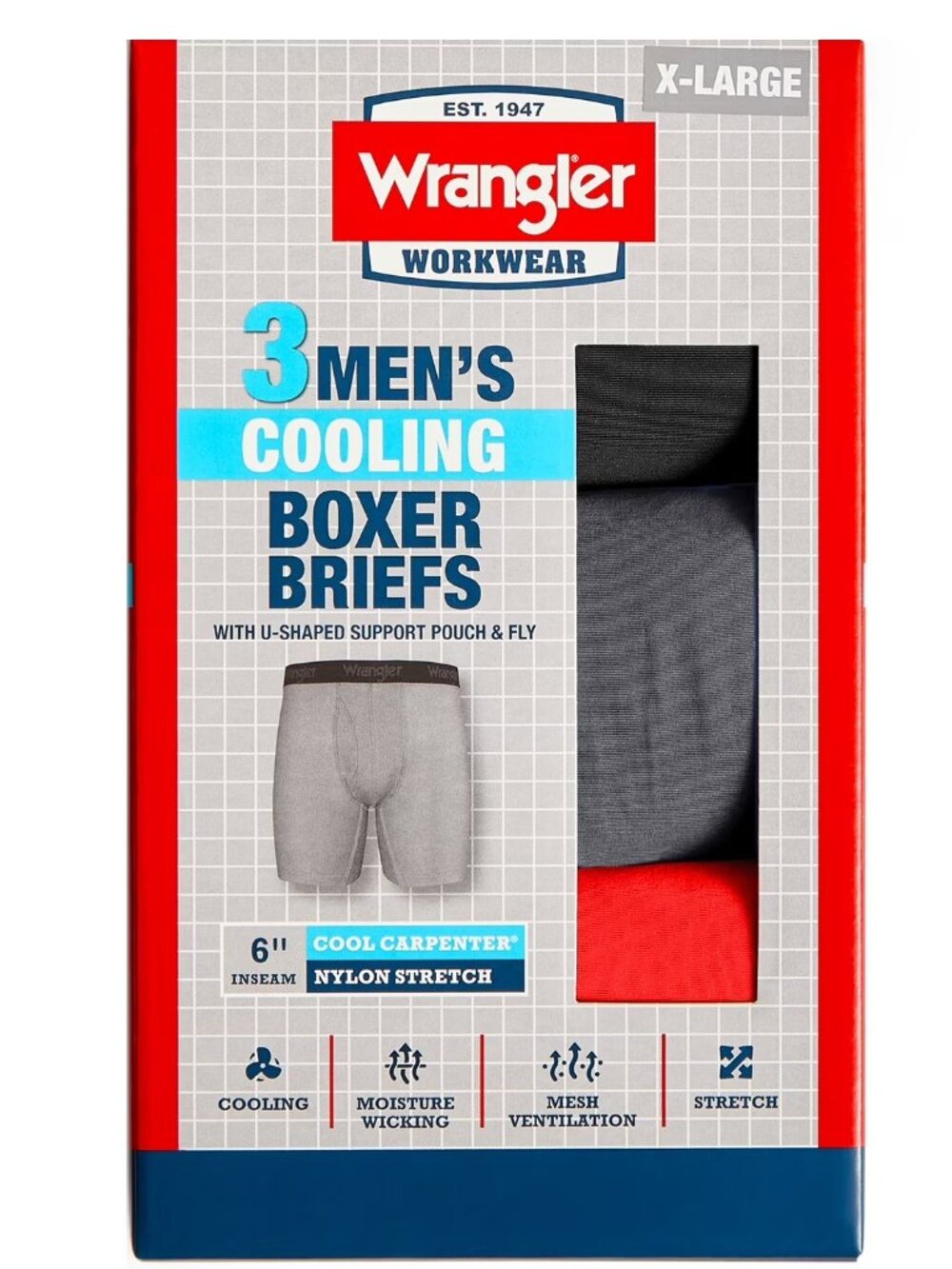 Wrangler Cool Carpenter 6" Boxer Briefs 3-Pack Black Charcoal Salsa Size XL&2XL